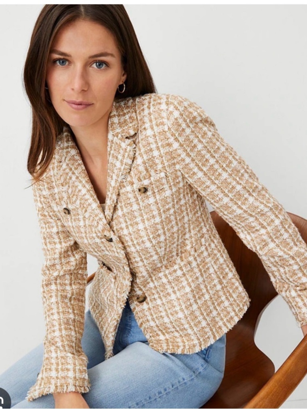 Ann Taylor Beige and Cream Tweed Button-Front Blazer